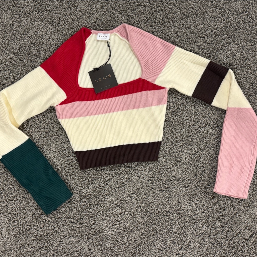 Le Lis Colorblock Ribbed V-Neck Sweater - Red, Pink, Cream, Green, Brown